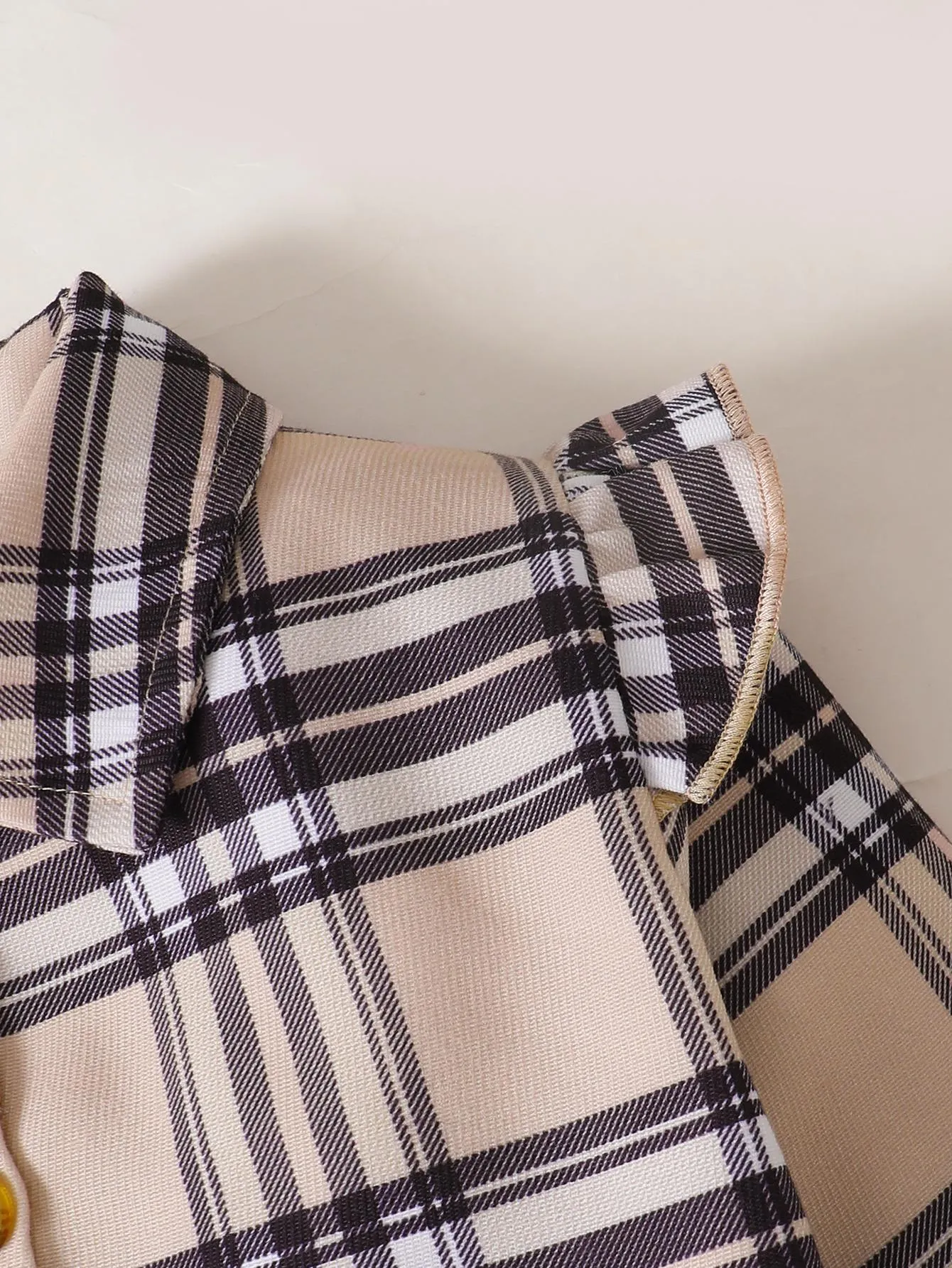 18M-5Y Baby Girls Outfits Turn-down Collar Plaid Ruffle Sleeve Coat Sleeveless Bow Dress 2Pcs Clothes Set Apricot Catpapa 122210602