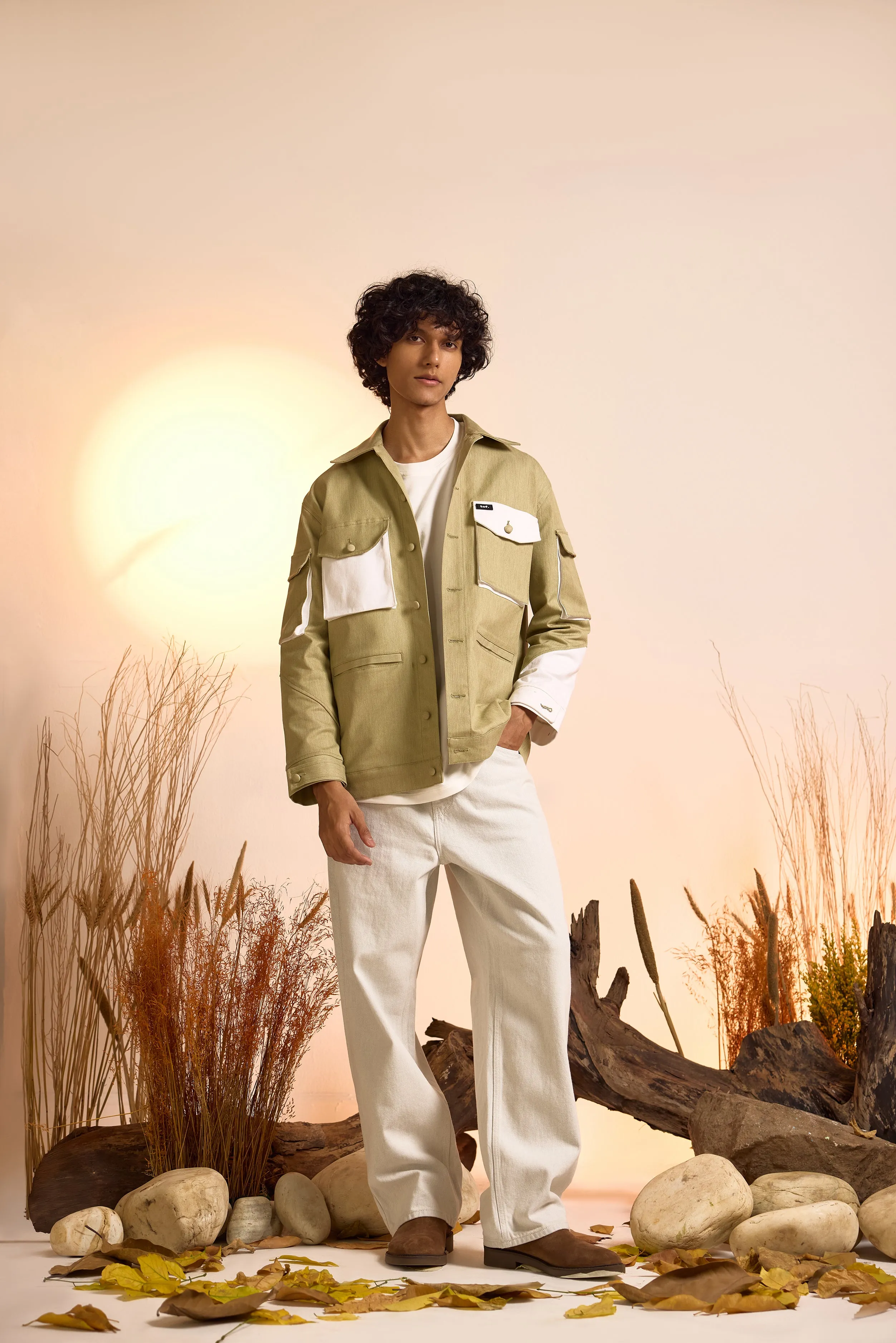 Color-Blocked Oversized Utility Jacket-Green-Men
