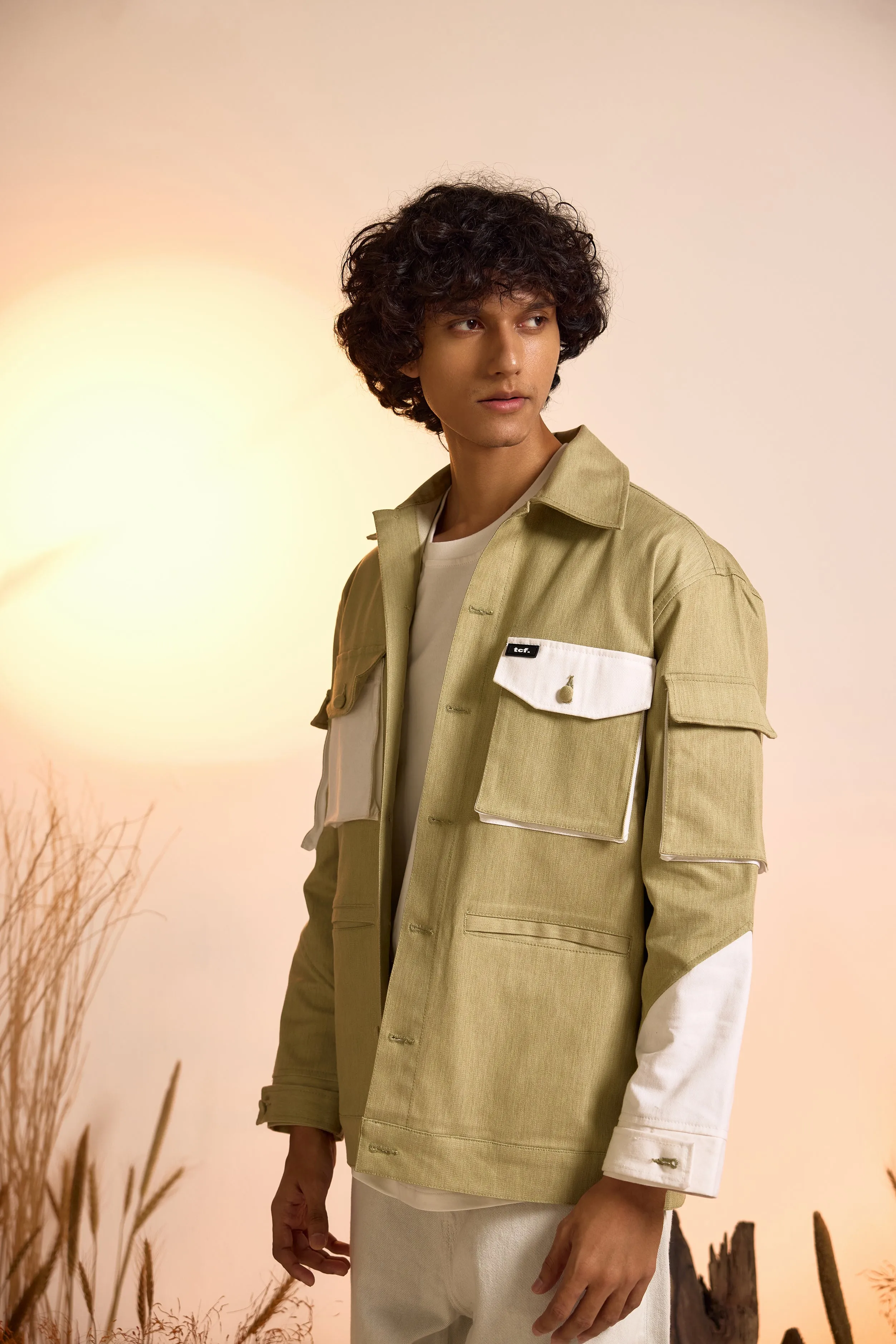 Color-Blocked Oversized Utility Jacket-Green-Men