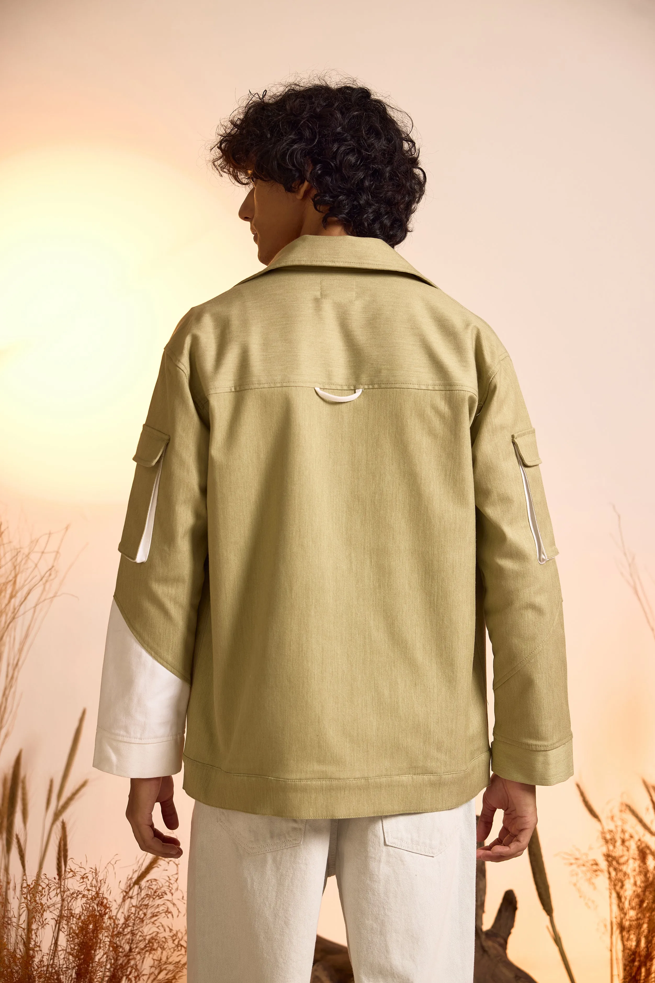 Color-Blocked Oversized Utility Jacket-Green-Men