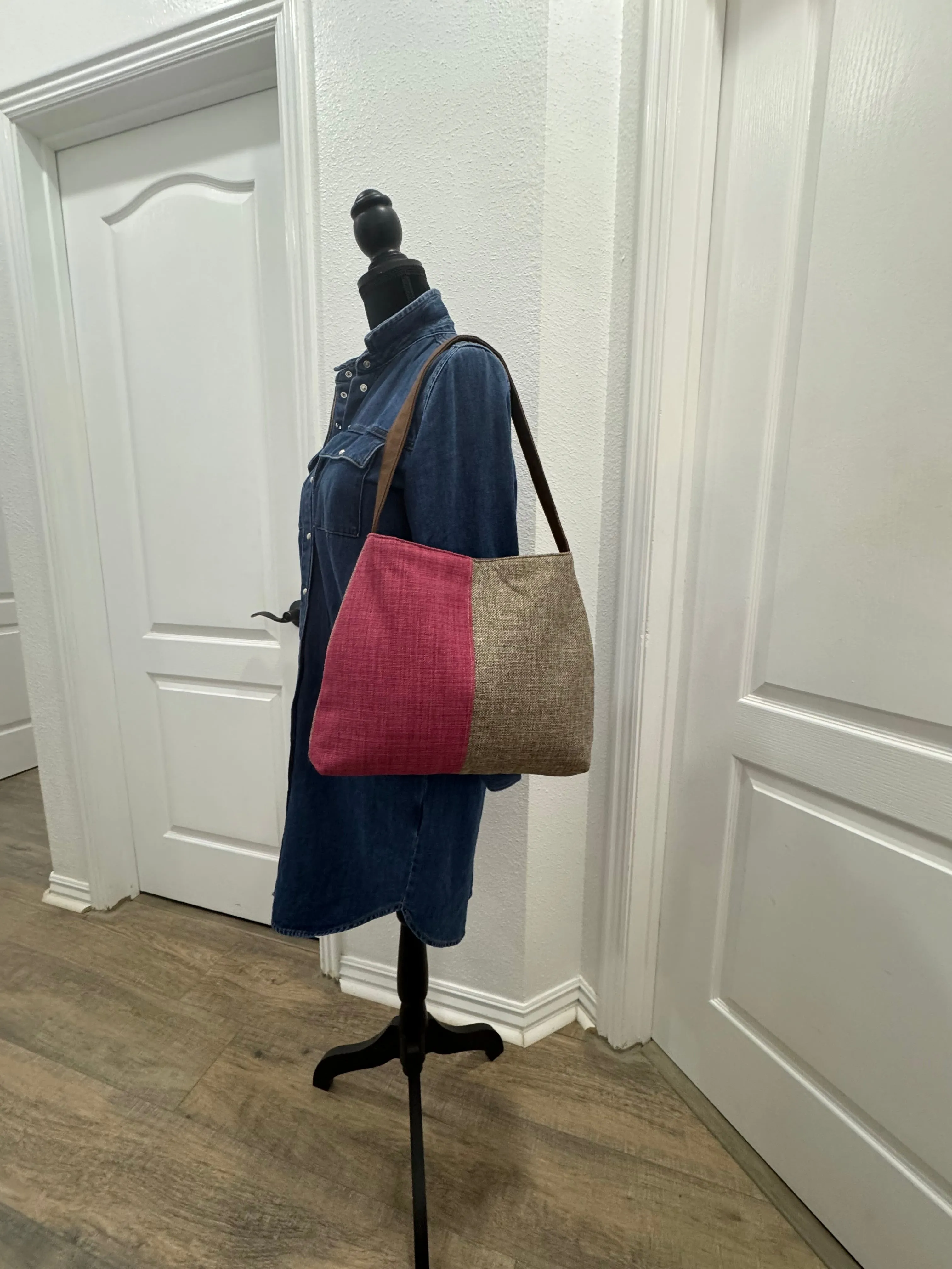 Color Blocked Pink and Greige Tote