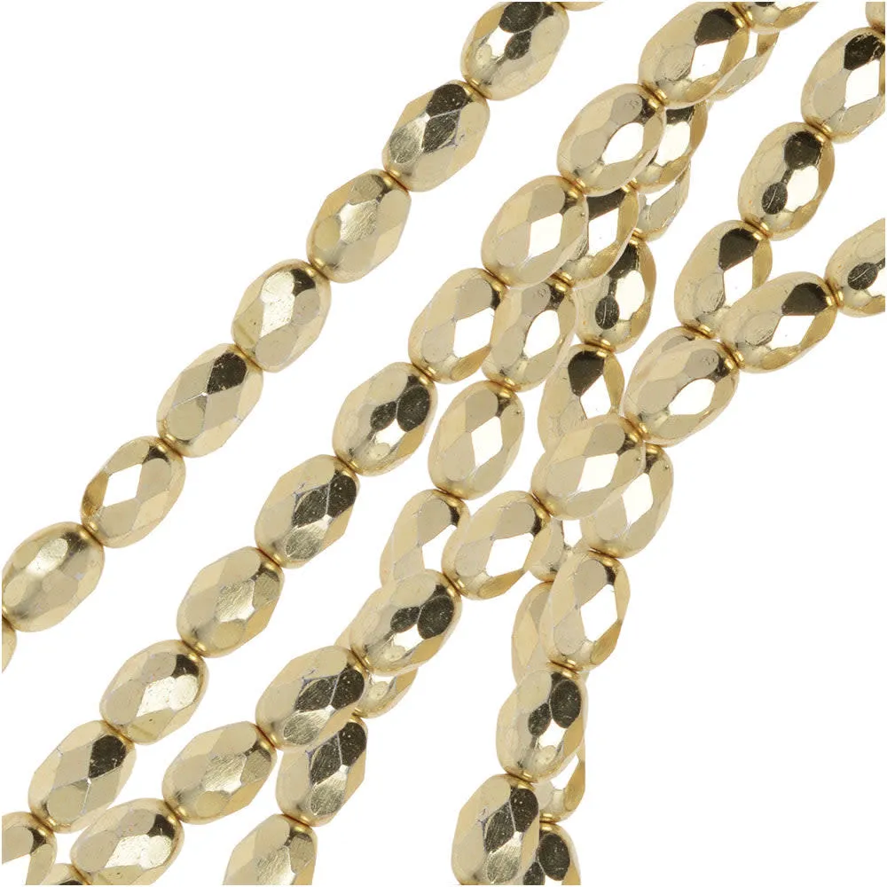 Czech Fire Polished Glass Beads, Oval 7x5mm, Aurum Gold Full-Coat (1 Strand)