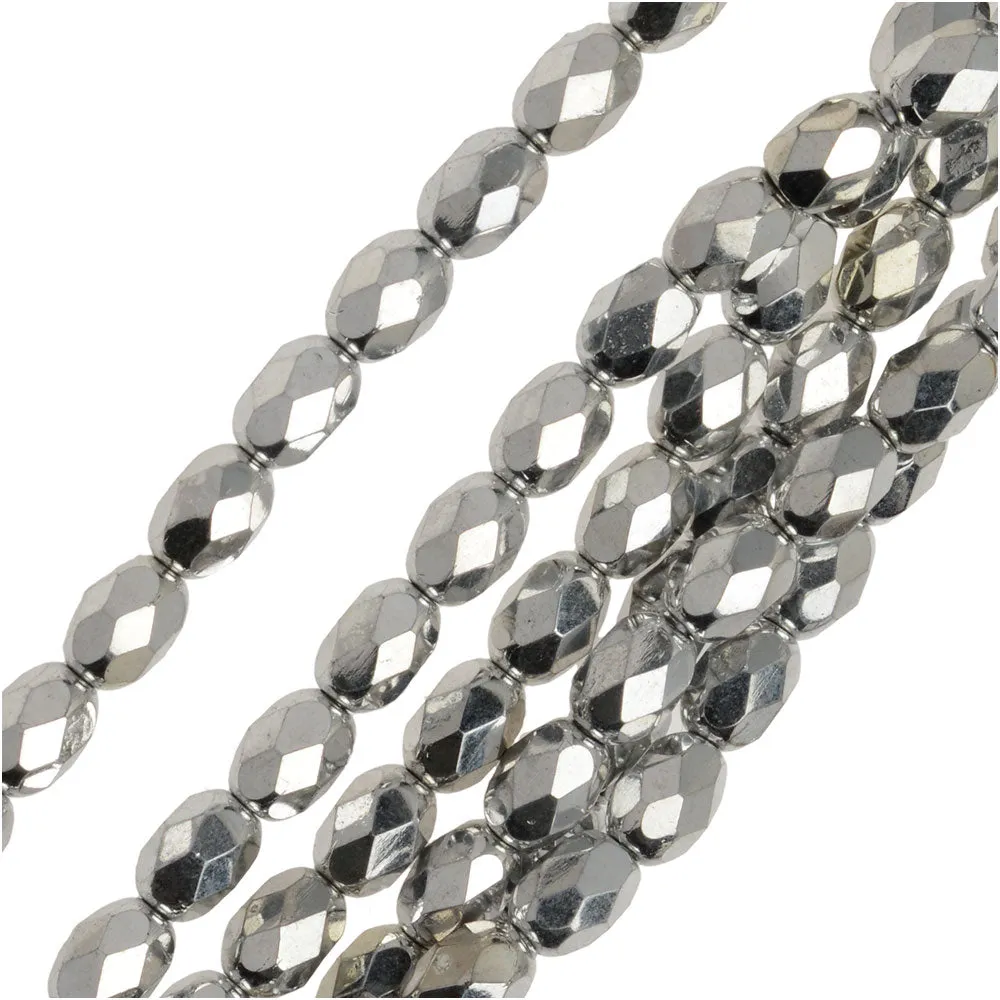 Czech Fire Polished Glass Beads, Oval 7x5mm, Silver Full-Coat (1 Strand)