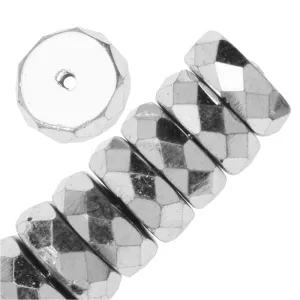 Czech Fire Polished Glass Beads, Rondelle 10x4mm, Silver Full-Coat (50 Pieces)