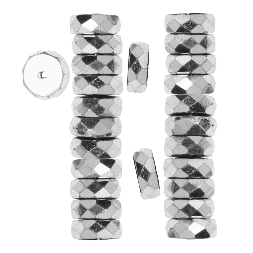 Czech Fire Polished Glass Beads, Rondelle 10x4mm, Silver Full-Coat (50 Pieces)
