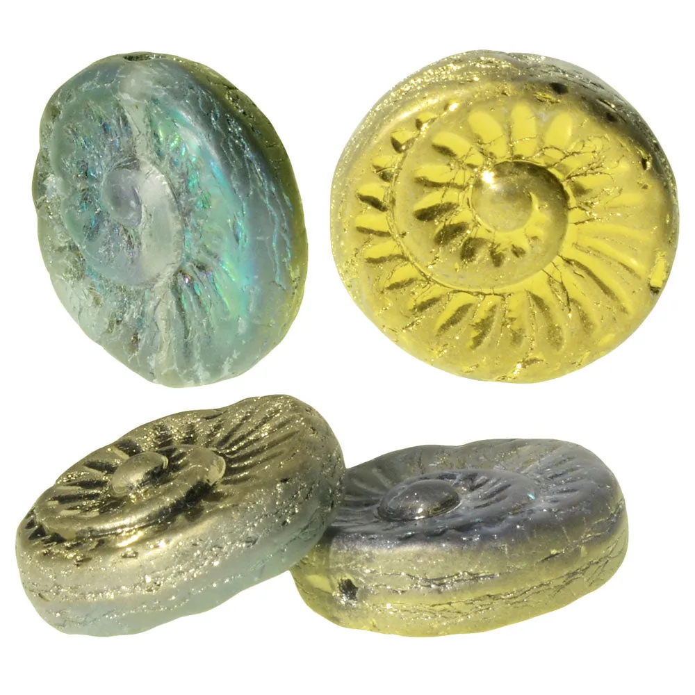Czech Glass Beads, Coin Fossil 19mm Strand, Light Blue Purple Transparent with Gold and AB Half Coat Finishes, by Raven's Journey