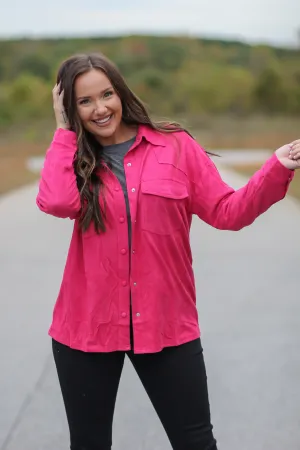 Hot Pink Faux Suede Button Down Jacket