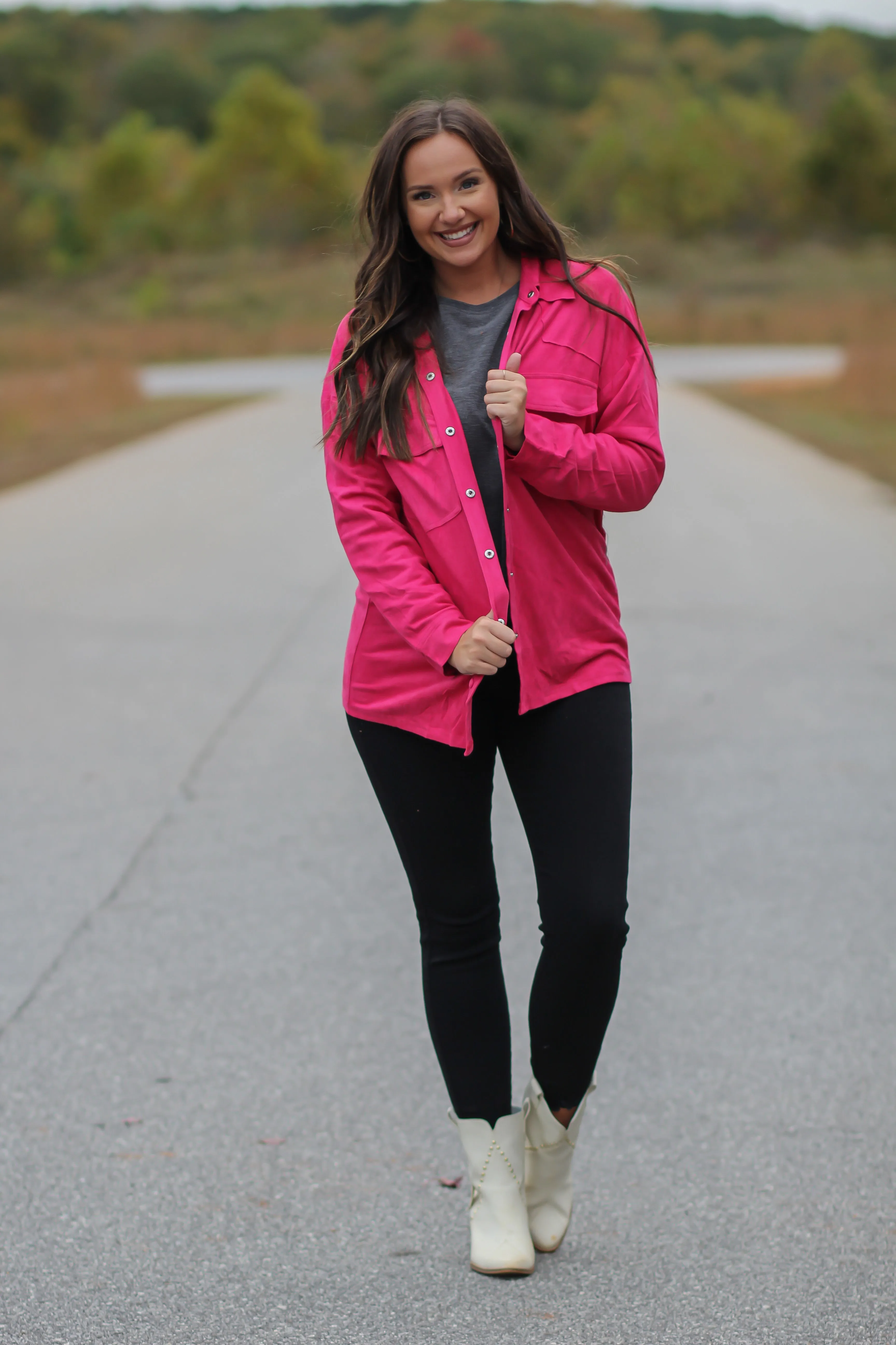 Hot Pink Faux Suede Button Down Jacket