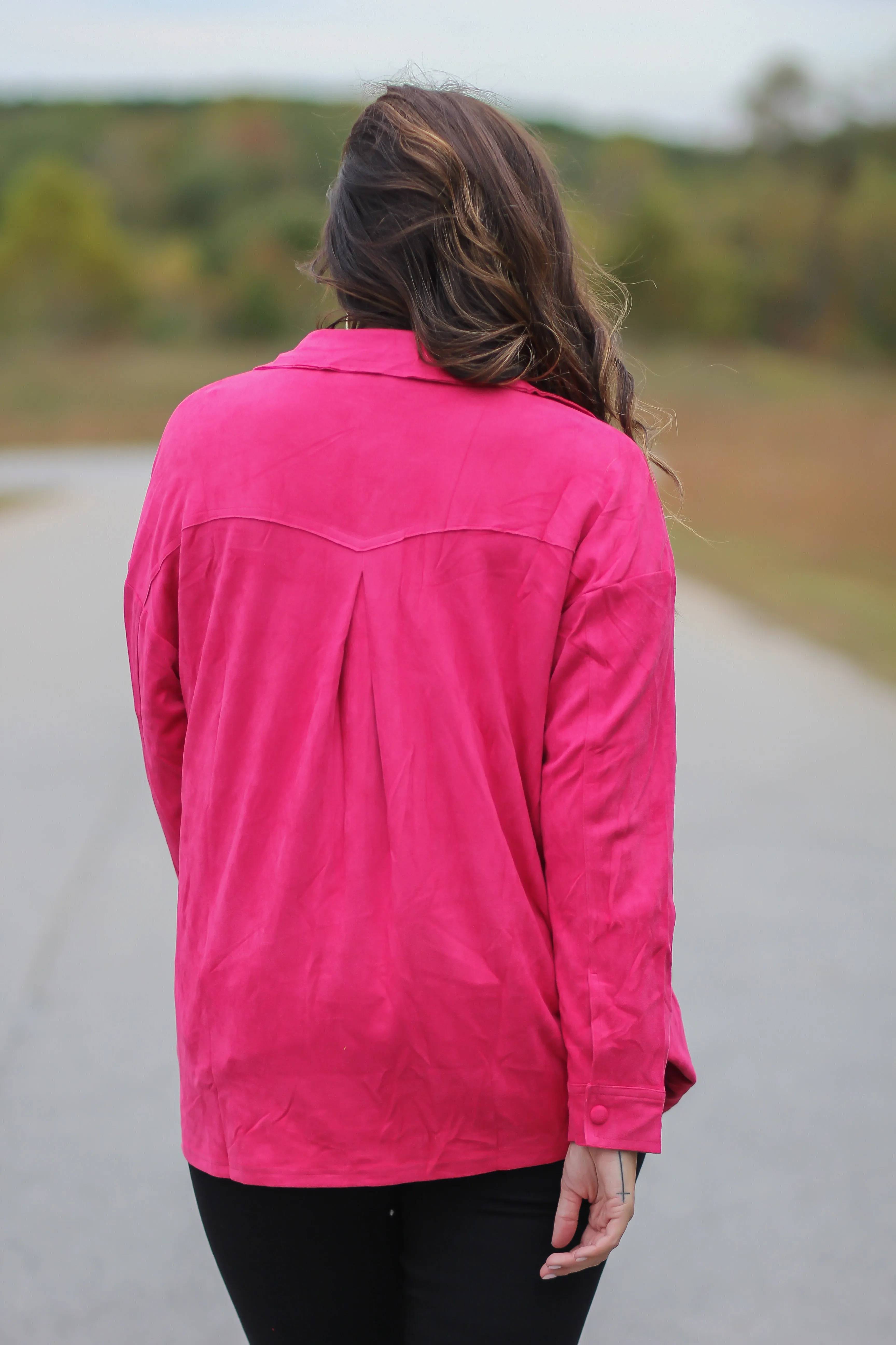 Hot Pink Faux Suede Button Down Jacket