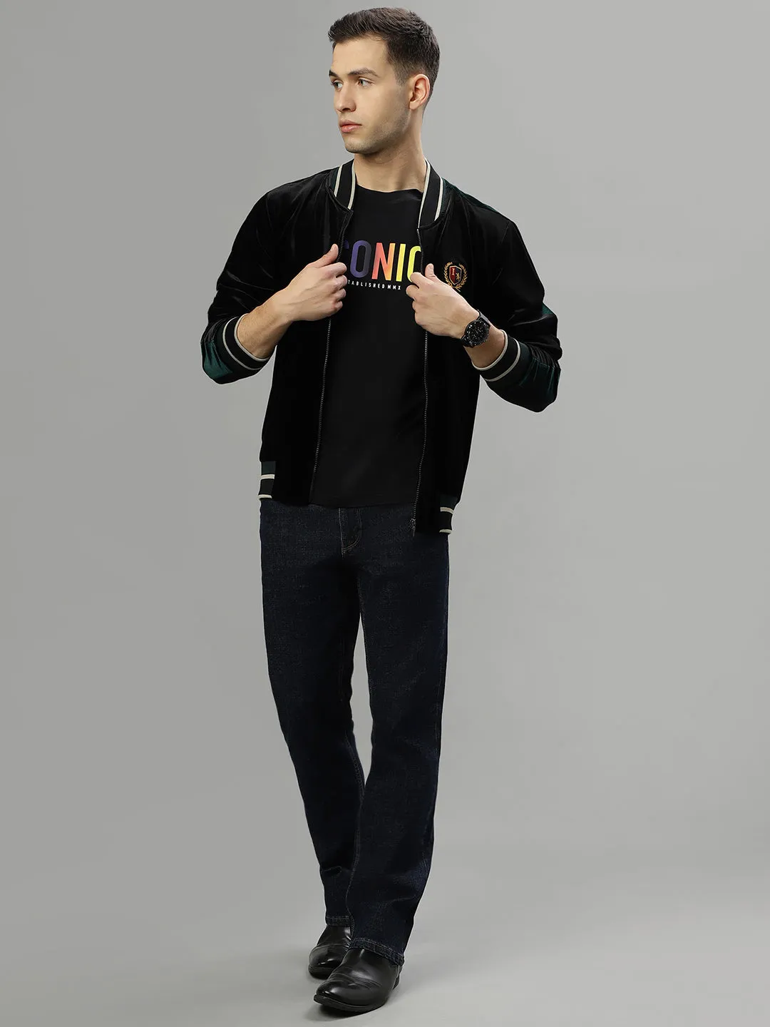 Iconic Men Black Solid Stand Collar Long Sleeves Jacket