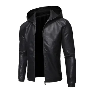 Men's Spring High Quality Leather Jacket Male Slim Fit Fashion Hooded Leather Jacket