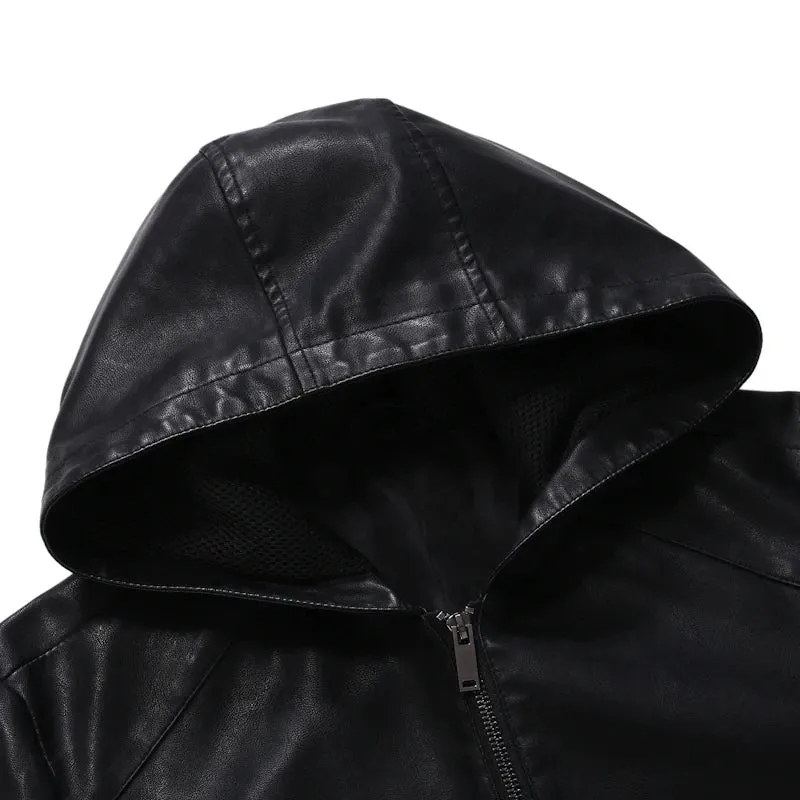 Men's Spring High Quality Leather Jacket Male Slim Fit Fashion Hooded Leather Jacket