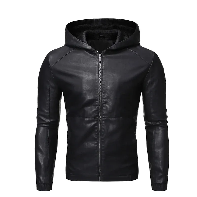 Men's Spring High Quality Leather Jacket Male Slim Fit Fashion Hooded Leather Jacket