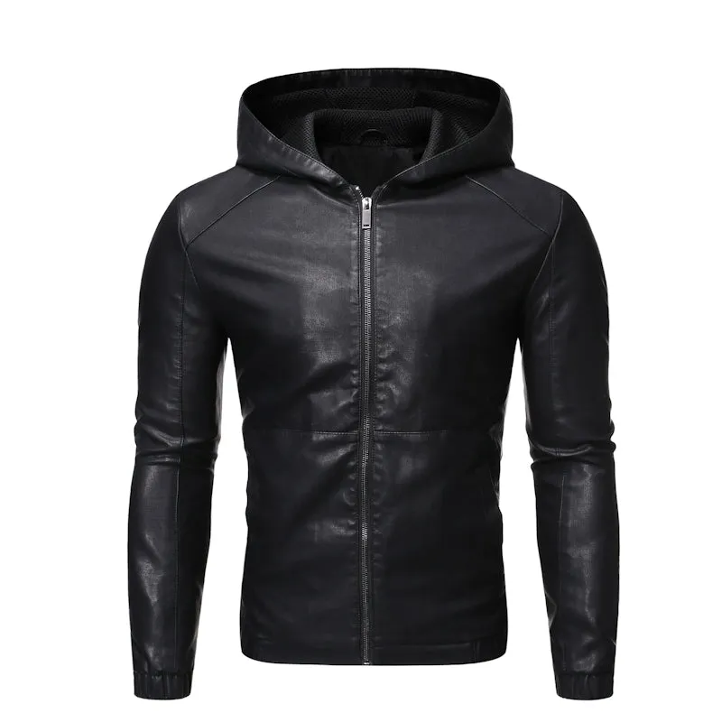 Men's Spring High Quality Leather Jacket Male Slim Fit Fashion Hooded Leather Jacket