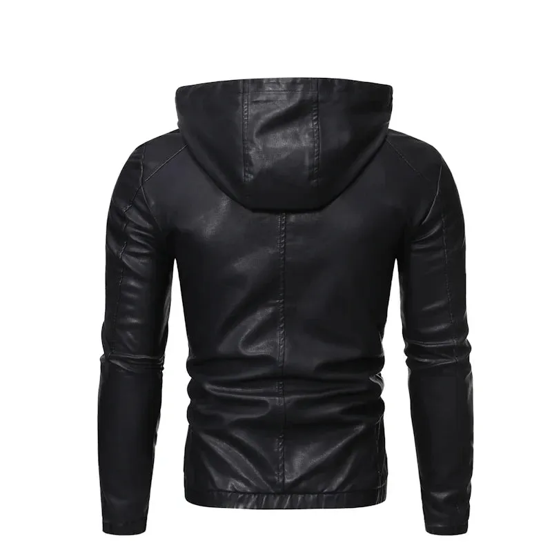 Men's Spring High Quality Leather Jacket Male Slim Fit Fashion Hooded Leather Jacket