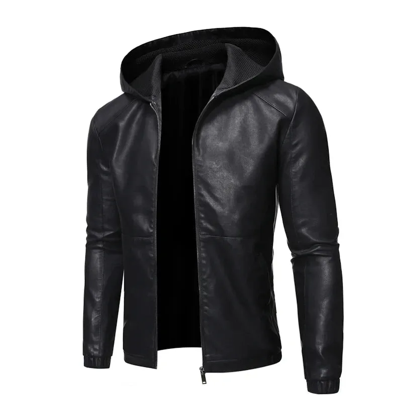 Men's Spring High Quality Leather Jacket Male Slim Fit Fashion Hooded Leather Jacket