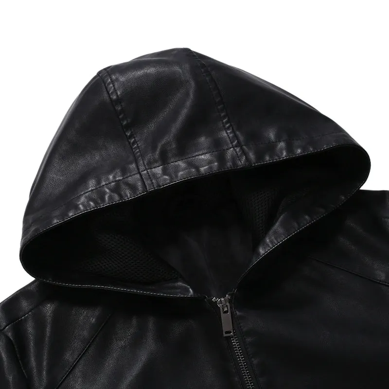 Men's Spring High Quality Leather Jacket Male Slim Fit Fashion Hooded Leather Jacket