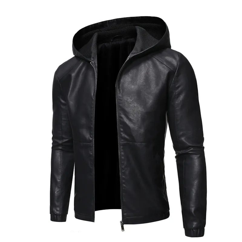 Men's Spring High Quality Leather Jacket Male Slim Fit Fashion Hooded Leather Jacket