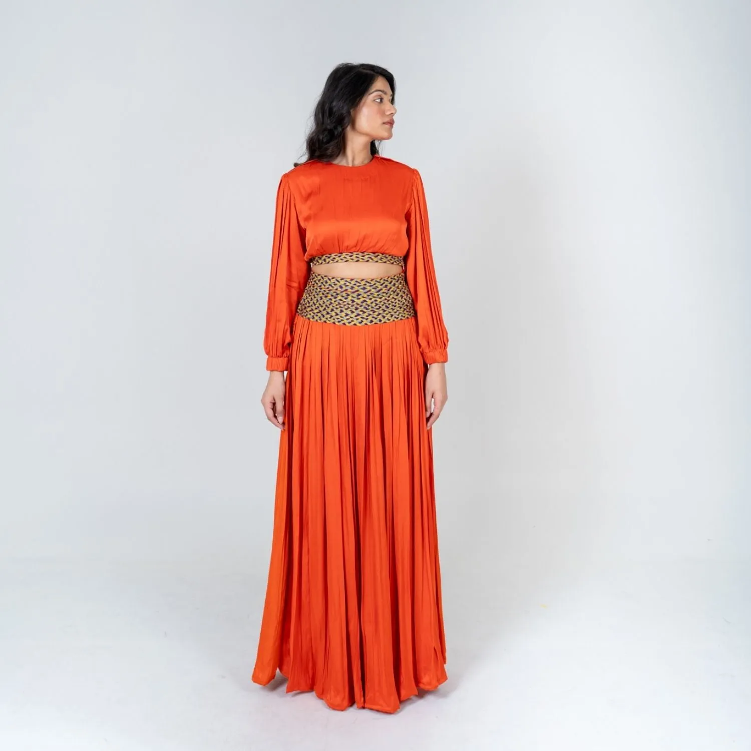 Orange Skirt Set Color-Blocked Braids | Modal | Contemporary Style
