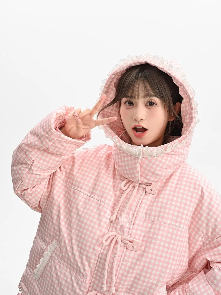 Pink Plaid Hooded Down Sweetheart Button Jacket