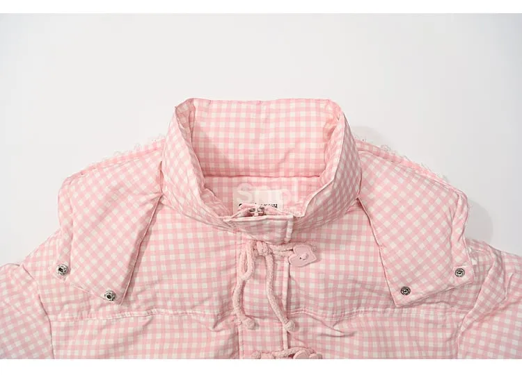 Pink Plaid Hooded Down Sweetheart Button Jacket