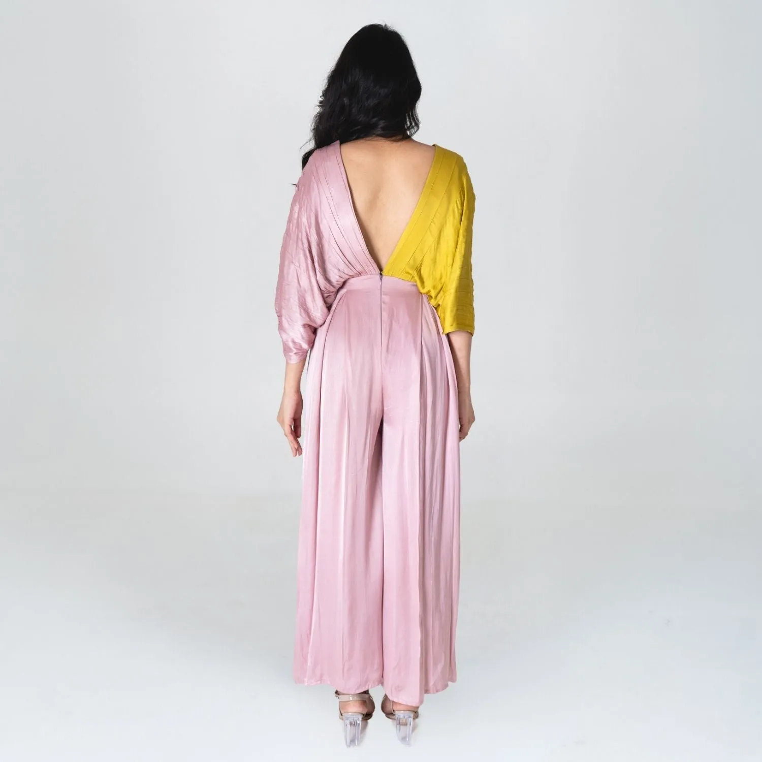 Pink-Yellow Color-Blocked Jumpsuit | Bemberg Modal | Minimal Style