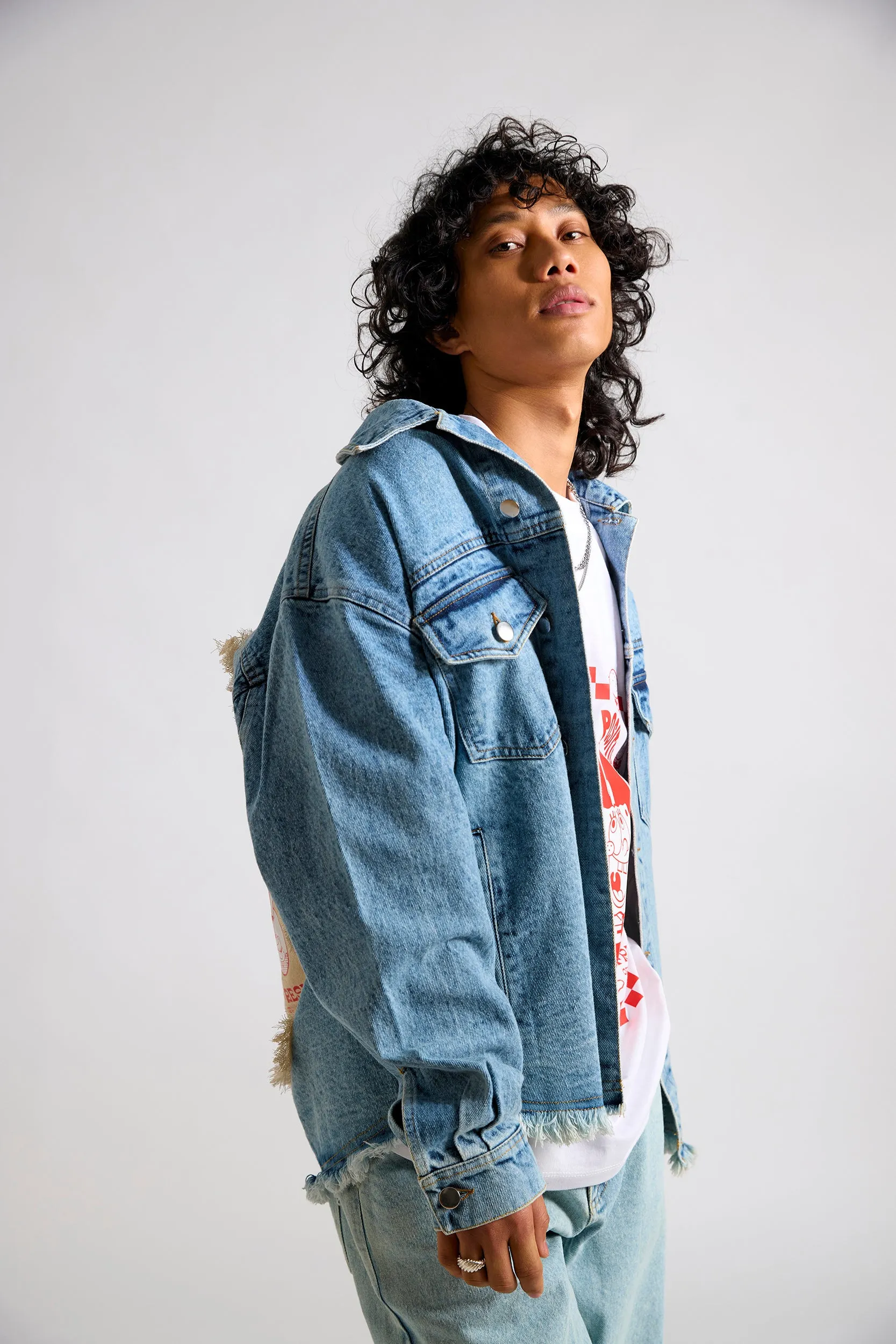 Spongebob:Stay Positive Canvas Men's Oversized Denim Jacket