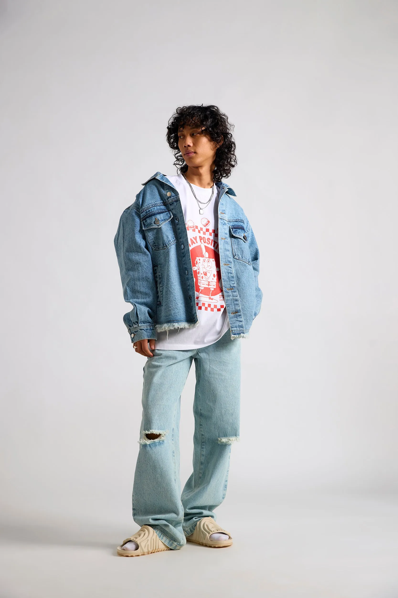 Spongebob:Stay Positive Canvas Men's Oversized Denim Jacket