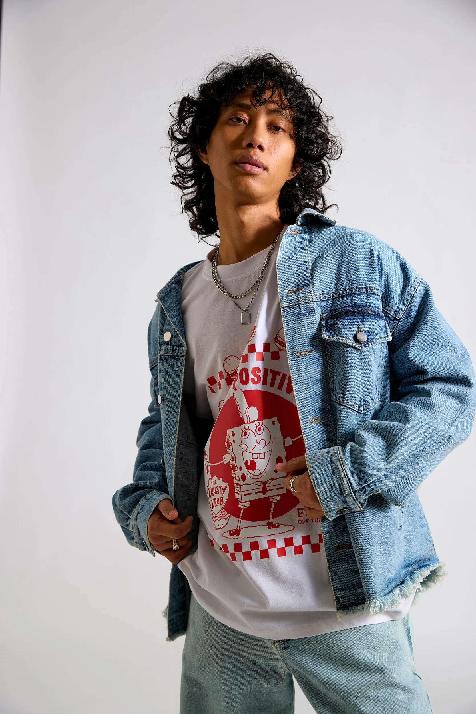 Spongebob:Stay Positive Canvas Men's Oversized Denim Jacket