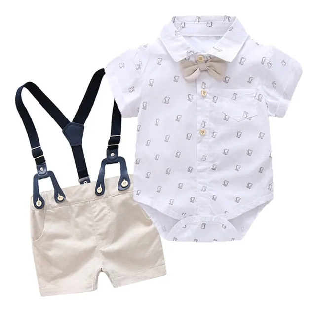Toddler Boys Clothing Set Newborn Gentleman Suit Kids Short Sleeve Bow Tie Shirt Suspender Shorts Casual Summer Baby Boy Clothes