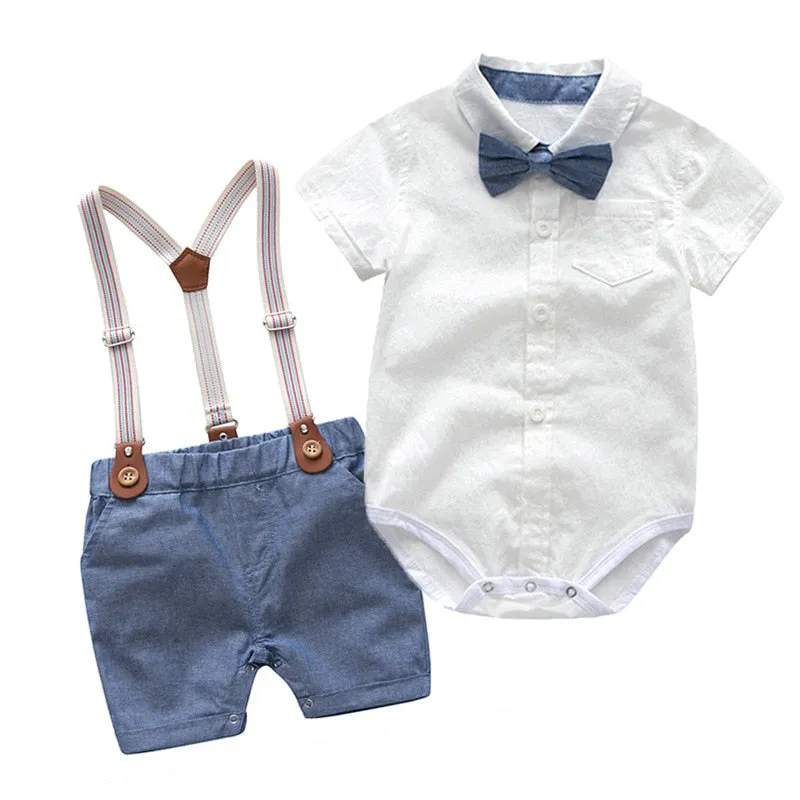 Toddler Boys Clothing Set Newborn Gentleman Suit Kids Short Sleeve Bow Tie Shirt Suspender Shorts Casual Summer Baby Boy Clothes
