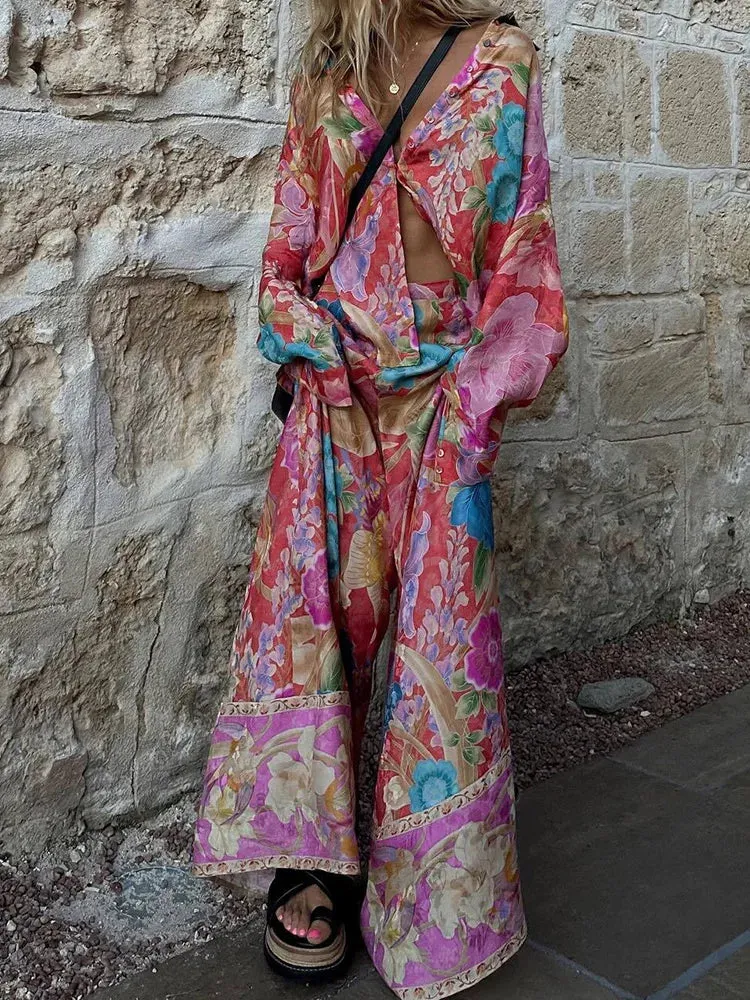 UAKISS  -  Spring Autumn Turn-Down Collar Simple Outfit, Women Print Patchwork Long Sleeve Matching Sets, Chic Wide Leg Pants Ladies Suits