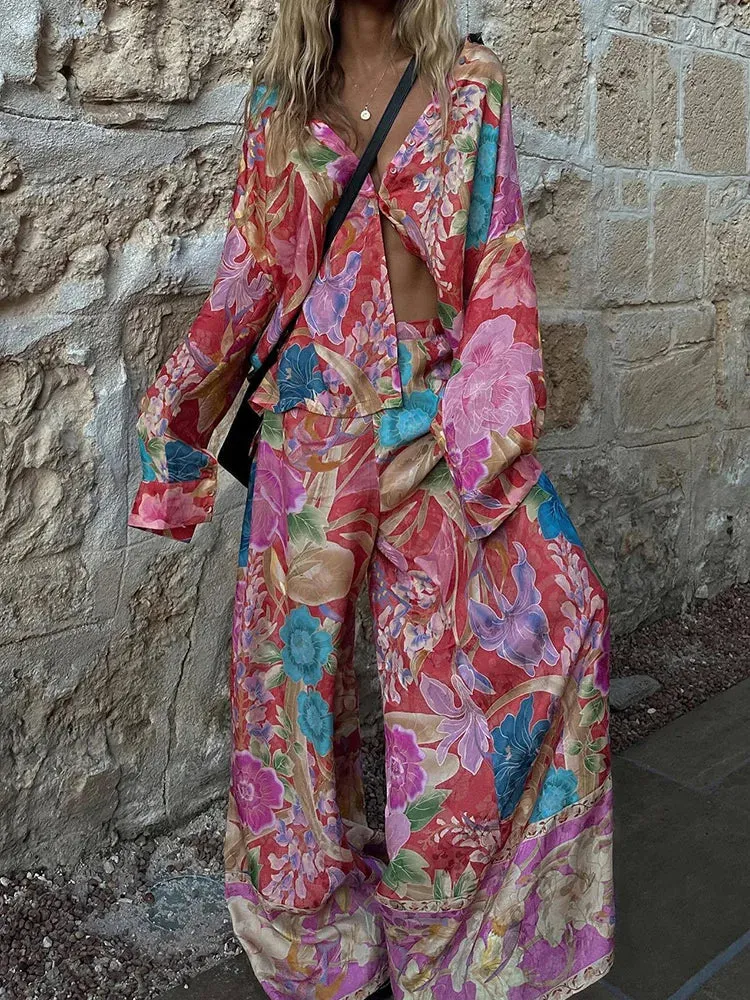 UAKISS  -  Spring Autumn Turn-Down Collar Simple Outfit, Women Print Patchwork Long Sleeve Matching Sets, Chic Wide Leg Pants Ladies Suits