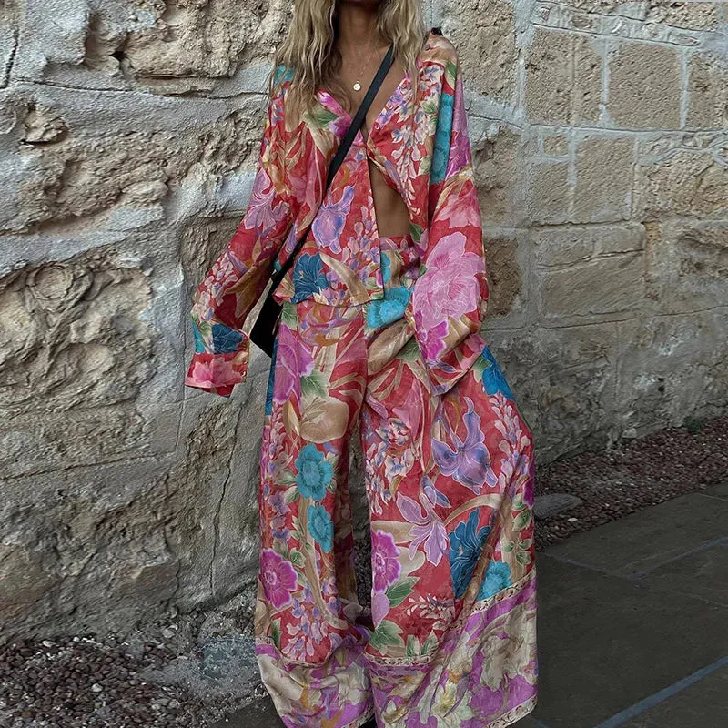 UAKISS  -  Spring Autumn Turn-Down Collar Simple Outfit, Women Print Patchwork Long Sleeve Matching Sets, Chic Wide Leg Pants Ladies Suits