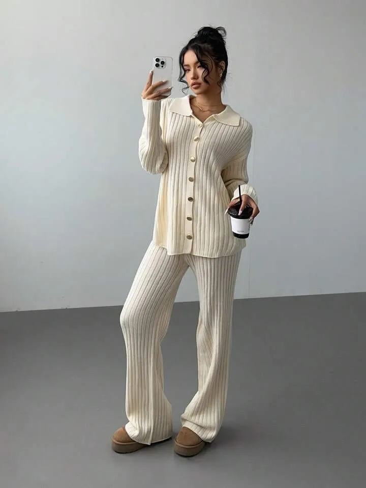 Women's Autumn/Winter Ribbed Cardigan Jacket with Metal Buttons and High Waist Knitted Pants with Turn-down Collar, Two-Piece    S475569