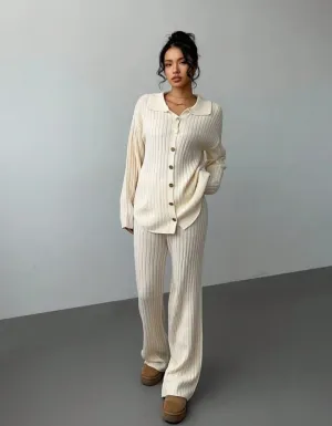 Women's Autumn/Winter Ribbed Cardigan Jacket with Metal Buttons and High Waist Knitted Pants with Turn-down Collar, Two-Piece    S475569